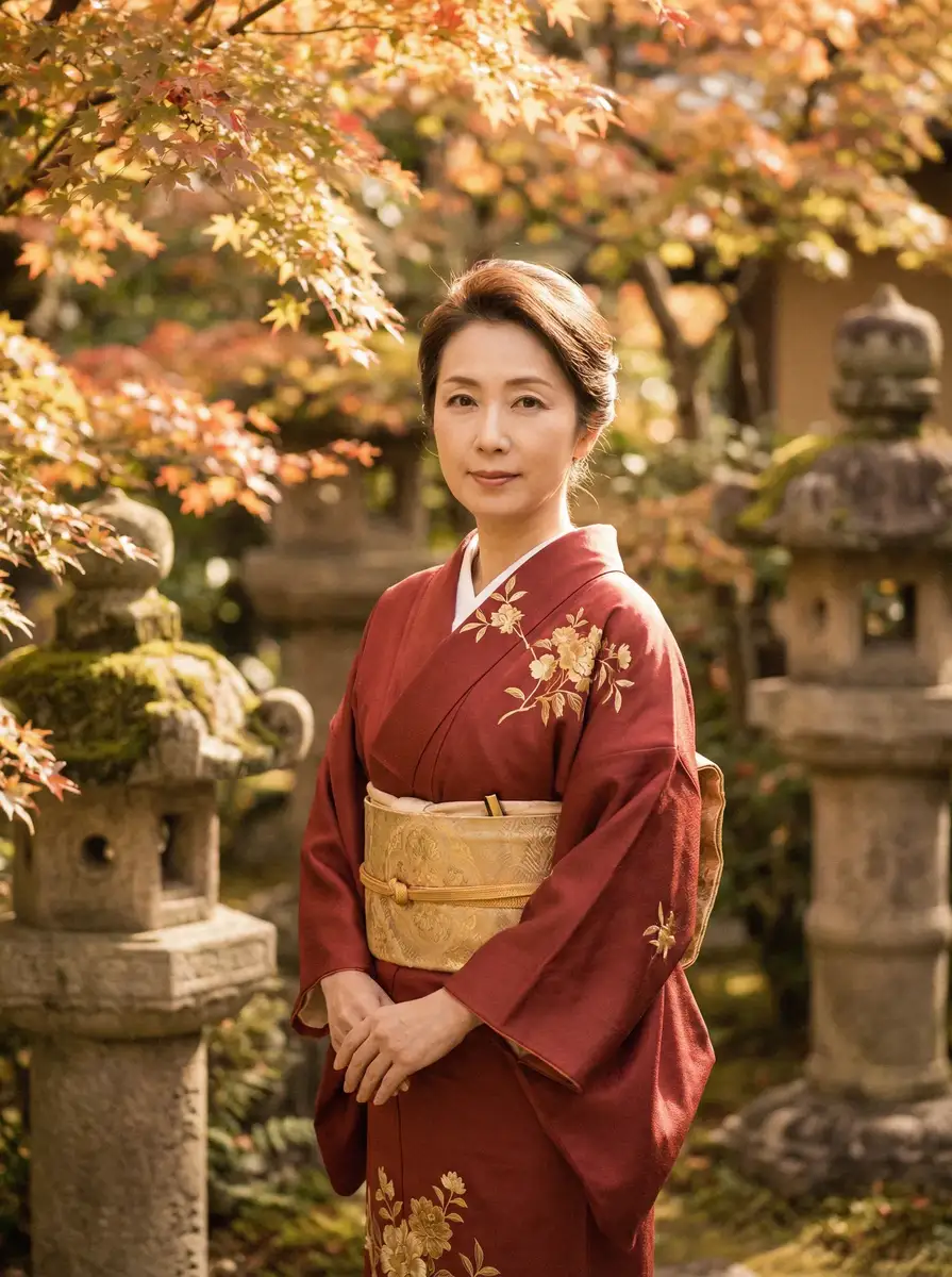 一位身穿暗红色和服的优雅 财神体育网址 在日式庭院中
